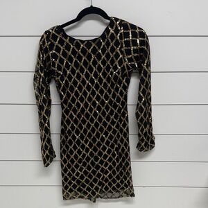 Black & Gold Sequin Mini Dress - Long Sleeve Party Dress